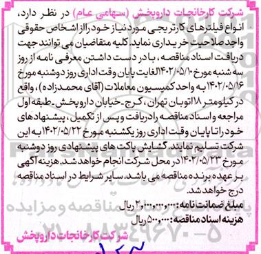 مناقصه خرید انواع فیلترهای کارتریجی
