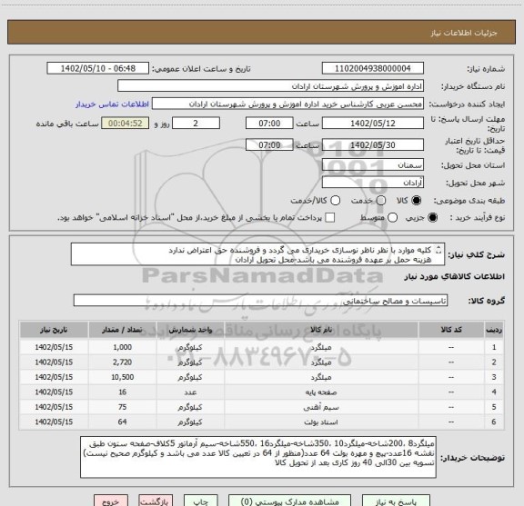 استعلام کلیه موارد با نظر ناظر نوسازی خریداری می گردد و فروشنده حق اعتراض ندارد
هزینه حمل بر عهده فروشنده می باشد-محل تحویل آرادان