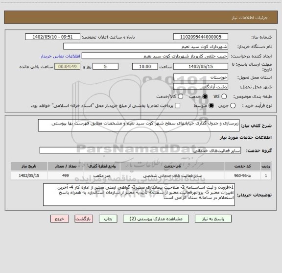 استعلام زیرسازی و جدول گذاری خیابانهای سطح شهر کوت سید نعیم و مشخصات مطابق فهرست بها پیوستی