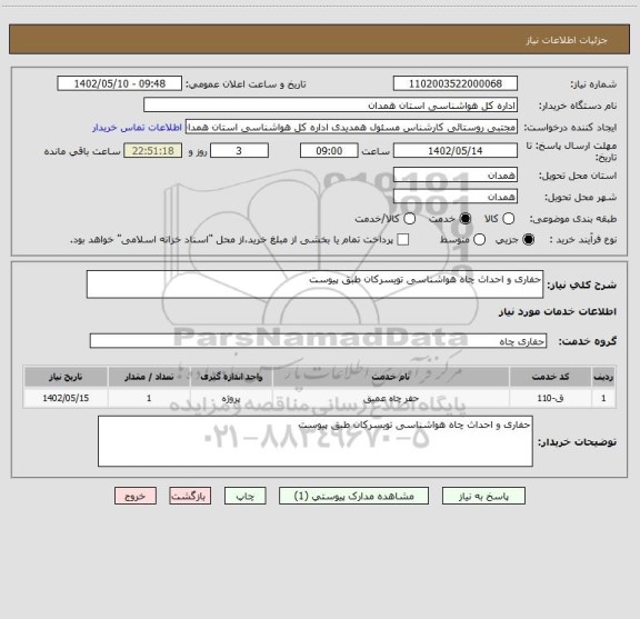 استعلام حفاری و احداث چاه هواشناسی تویسرکان طبق پیوست