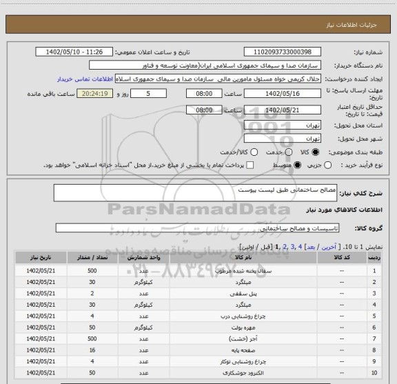 استعلام مصالح ساختمانی طبق لیست پیوست