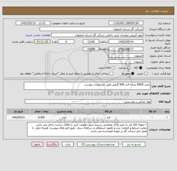 استعلام خرید 8500 بسته قند 600 گرمی طبق مشخصات پیوست