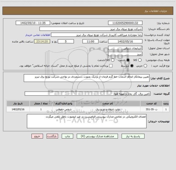 استعلام تعیین پیمانکار انجام خدمات خط گرم فرمان از نزدیک بصورت دستمزدی در نواحی شرکت توزیع برق تبریز