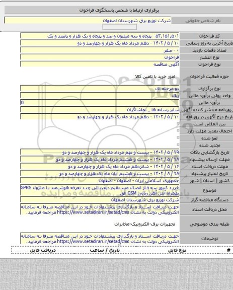 مناقصه, خرید کنتور سه فاز اتصال مستقیم دیجیتالی چند تعرفه هوشمند با ماژول GPRS بهمراه آنتن آهن ربایی GSM الق
