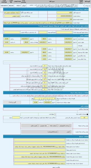 مزایده ، پارچه 80نگله به وزن 1922گیلو گرم بعضا لکه دار شده کثیف و دارای بوی نم می باشد - درضمن پرداخت مبلغ 7840000ریال هزینه منط