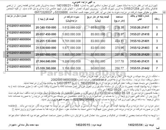مزایده فروش نقدی تعدادی قطعه زمین از اراضی تفکیکی پلاک ثبتی 21254/ 3155