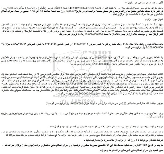 مزایده فروش چهاردانگ مشاع از ششدانگ یک باب منزل مسکونی تحت پلاک 1132 فرعی از یک اصلی  و...