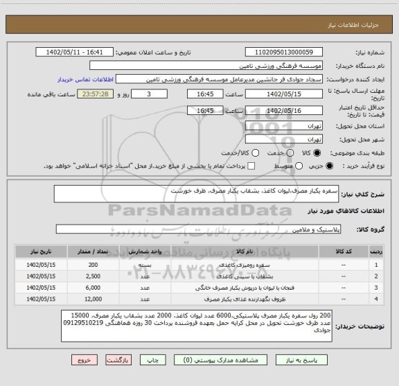 استعلام سفره یکبار مصرف،لیوان کاغذ، بشقاب یکبار مصرف، ظرف خورشت