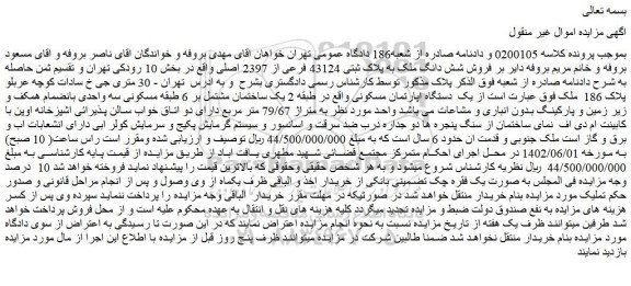 مزایده فروش شش دانگ ملک به پلاک ثبتی 43124 فرعی از 2397 اصلی