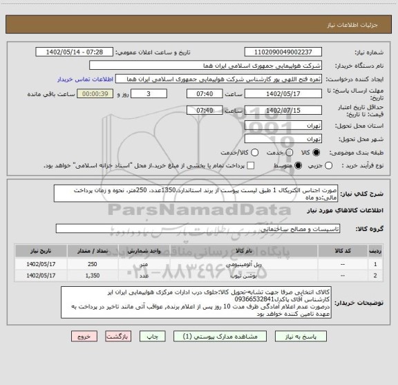 استعلام صورت اجناس الکتریکال 1 طبق لیست پیوست از برند استاندارد،1350عدد، 250متر، نحوه و زمان پرداخت مالی:دو ماه