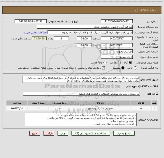 استعلام تربت حیدریه-یک دستگاه تابلو سافت استارت 22کیلووات به همراه فرش عایق(پنلpvc) ویک جفت دستکش عایق ،طبق شرایط ومشخصات فنی پیوست وهماهنگی با ناظر انرژی