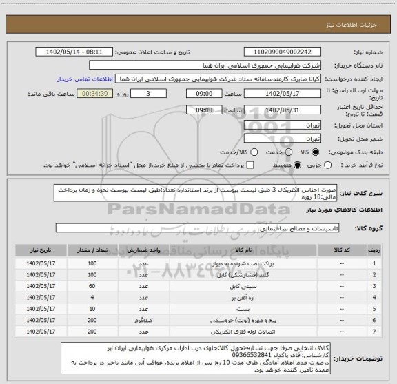 استعلام صورت اجناس الکتریکال 3 طبق لیست پیوست از برند استاندارد-تعداد:طبق لیست پیوست-نحوه و زمان پرداخت مالی:10 روزه