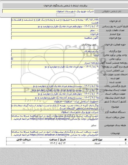 مناقصه, واگذاری کلیه خدمات نصب، بهینه سازی و تست لوازم اندازه گیری دیماندی و غیردیماندی در مناطق ۲(شمال غرب)