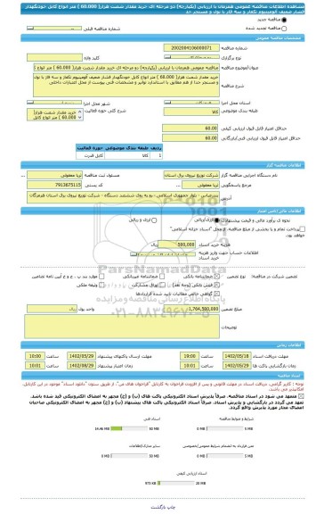 مناقصه، مناقصه عمومی همزمان با ارزیابی (یکپارچه) دو مرحله ای خرید مقدار شصت هزار( 60.000 ) متر انواع کابل خودنگهدار فشار ضعیف آلومینیوم تکفاز و سه فاز با نول و مسنجر جد