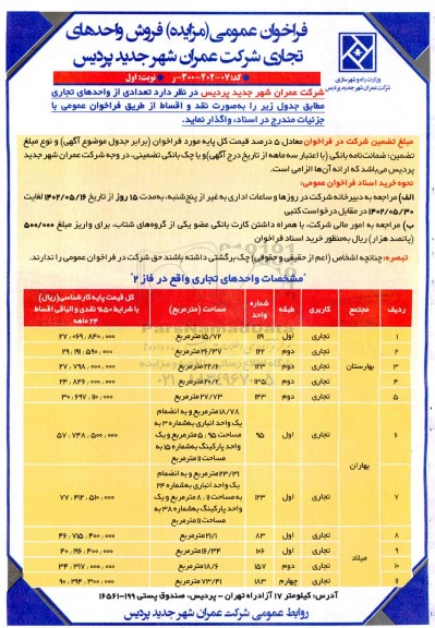مزایده فروش تعدادی از واحدهای تجاری 