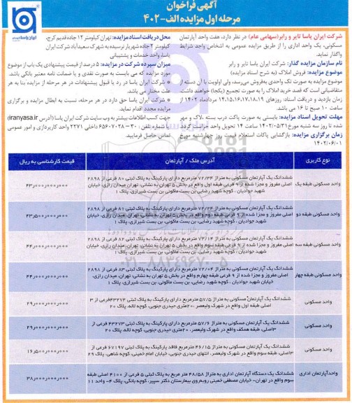 مزایده فروش 7 واحد آپارتمان مسکونی و یک واحد اداری