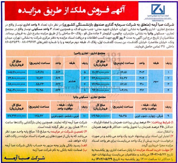 مزایده فروش تعداد 8 واحد اداری نوساز 