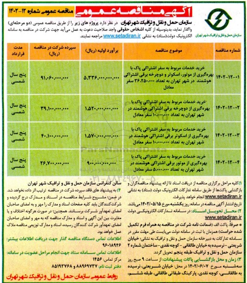 مناقصه خرید خدمات مربوط به سفر اشتراکی با بهره گیری از موتور، ...