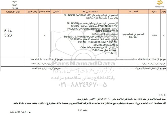 استعلام کیت تعمیراتی پکیدگهای پمپ