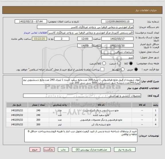 استعلام مواد شوینده از قبیل مایع ظرفشوئی 1 لیتری200 عدد،مایع سفید کننده 1 لیتری 240 عدد،مایع دستشویی نیم لیتری240عدد،شیشه شور دستی(رایت)500 سی سی 200 عدد