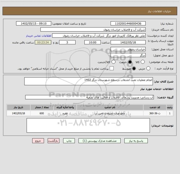 استعلام انجام عملیات نصب انشعاب درسطح شهرستان درگز 1402