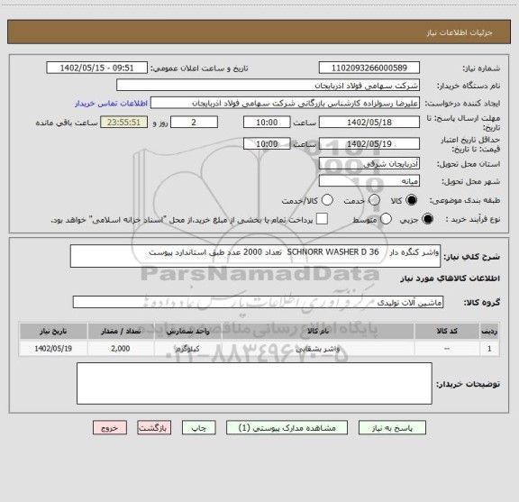 استعلام واشر کنگره دار    SCHNORR WASHER D 36  تعداد 2000 عدد طبق استاندارد پیوست