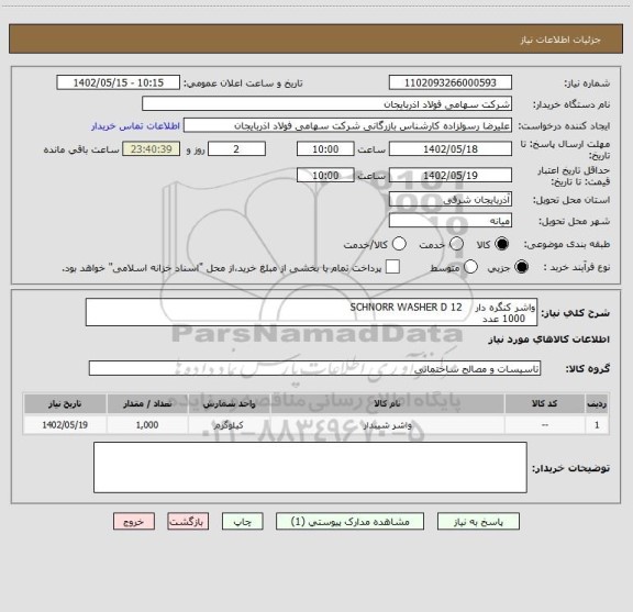 استعلام واشر کنگره دار    SCHNORR WASHER D 12
   1000 عدد