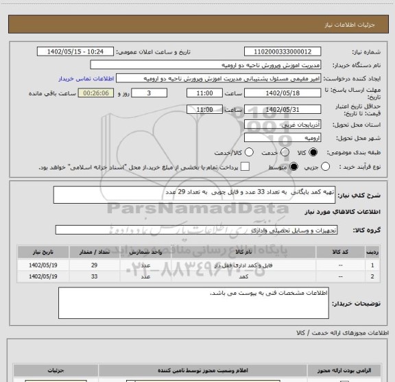 استعلام تهیه کمد بایگانی  به تعداد 33 عدد و فایل چوبی  به تعداد 29 عدد