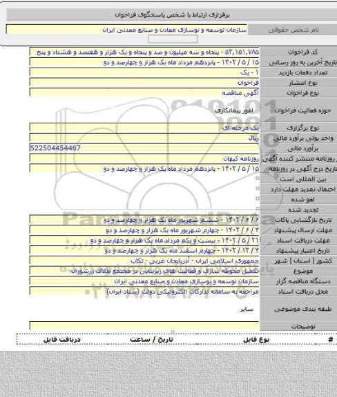 مناقصه, تکمیل محوطه سازی و فعالیت های زیربنایی در مجتمع طلای زرشوران