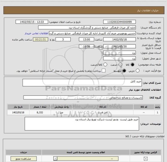 استعلام خرید کابل