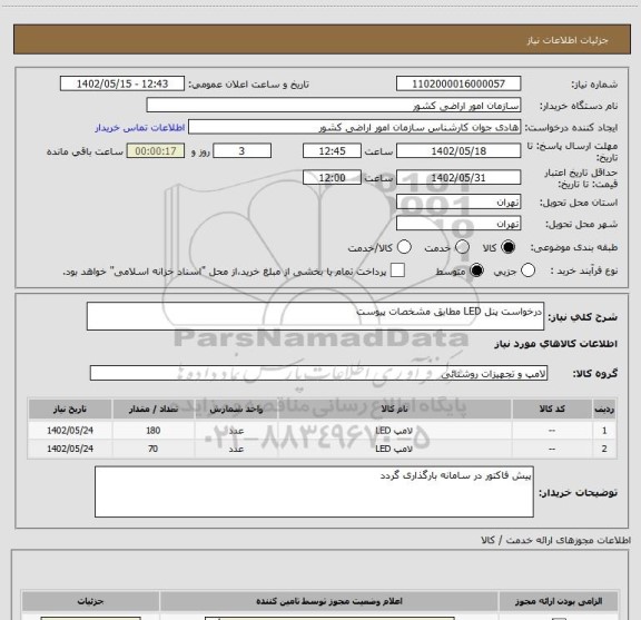 استعلام درخواست پنل LED مطابق مشخصات پیوست
