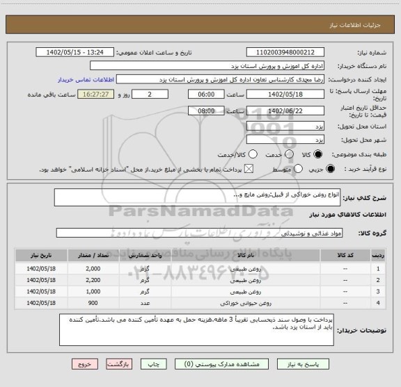 استعلام انواع روغن خوراکی از قبیل:روغن مایع و...