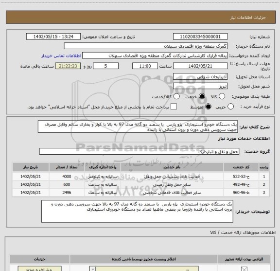 استعلام یک دستگاه خودرو استیجاری  پژو پارس  یا سمند دو گانه مدل 97 به بالا با کولر و بخاری سالم وقابل مصرف جهت سرویس دهی دورن و برون استانی با راننده
