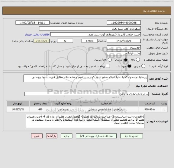 استعلام زیرسازی و جدول گذاری خیابانهای سطح شهر کوت سید نعیم و مشخصات مطابق فهرست بها پیوستی