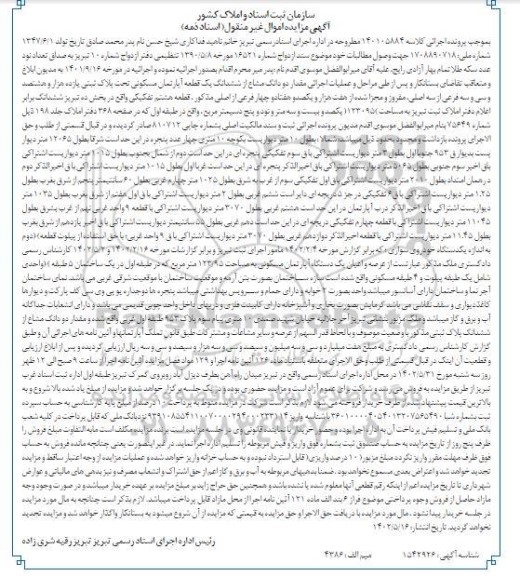 مزایده دو دانگ مشاع از ششدانگ یک قطعه آپارتمان مسکونی