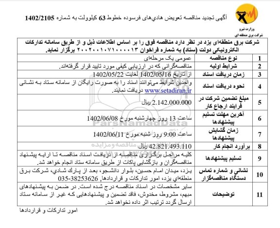 تجدید مناقصه تعویض های هادی های فرسوده خطوط 63 کیلوولت  - نوبت دوم 