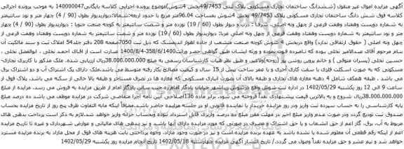مزایده ششدانگ ساختمان تجاری مسکونی پلاک ثبتی 49/7453بخش 4شوش
