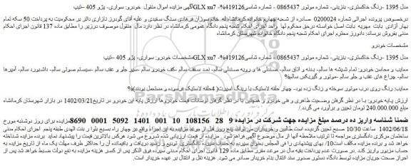 مزایده فروش سواری- پژو 405 –تیپGLX xu7 -مدل 1395 -رنگ خاکستری- بنزینی 
