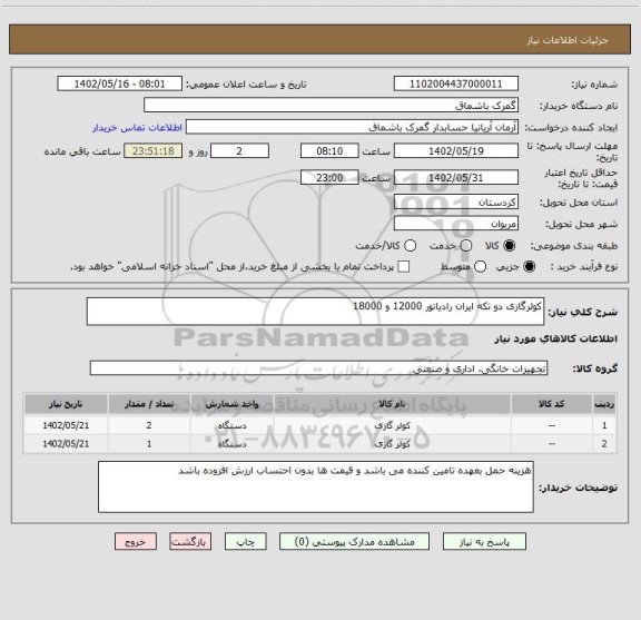 استعلام کولرگازی دو تکه ایران رادیاتور 12000 و 18000