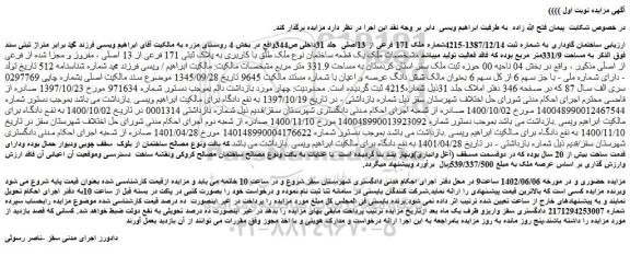 مزایده فروش یک قطعه ساختمان نوع ملک طلق با کاربری به پلاک ثبتی 171 فرعی از 13 اصلی ، مفروز و مجزا شده از فرعی از اصلی