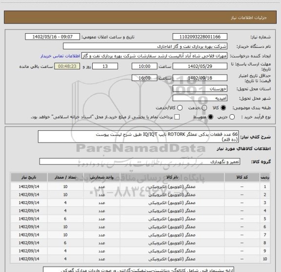 استعلام 66 عدد قطعات یدکی عملگر ROTORK تایپ IQ/IQT طبق شرح لیست پیوست
(ده قلم)