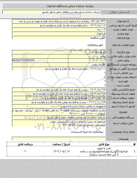 مناقصه, تجدید مناقصه عملیات زیرسازی قطعه ۱۲ راه آهن زاهدان - زابل - بیرجند - مشهد از کیلوکتر ۰۰۰+۴۰۱ الی  ۰۰۰+۴۷۰