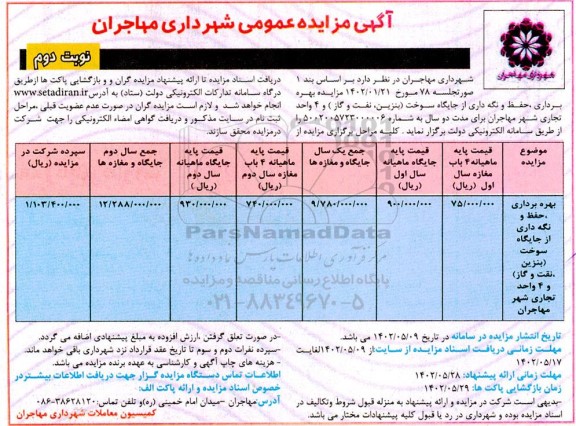 مزایده بهره برداری، حفظ و نگهداری از جایگاه سوخت (بنزین، نفت و گاز) و 4 واحد تجاری  ـ  نوبت دوم