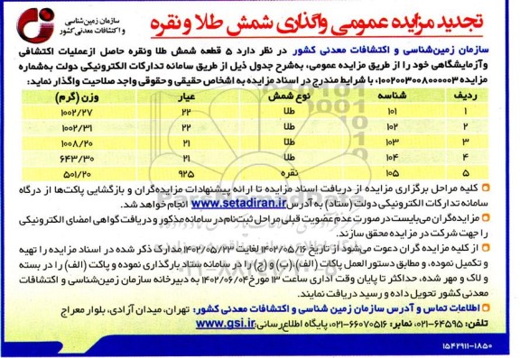 تجدید مزایده 5 قطعه شمش طلا و نقره حاصل از عملیات اکتشافی و آزمایشگاهی