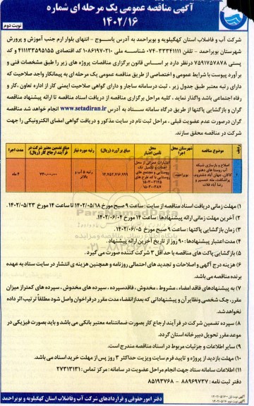 مناقصه اصلاح و بازسازی شبکه آب روستاها - نوبت دوم
