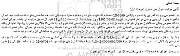 مزایده فروش یک باب مغازه تجاری به مساحت مفید فضای داخلی 3/45*2/75