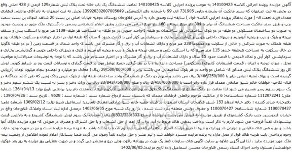 مزایده ششدانگ یک باب خانه تحت پلاک ثبتی شماره129 فرعی از 428 اصلی
