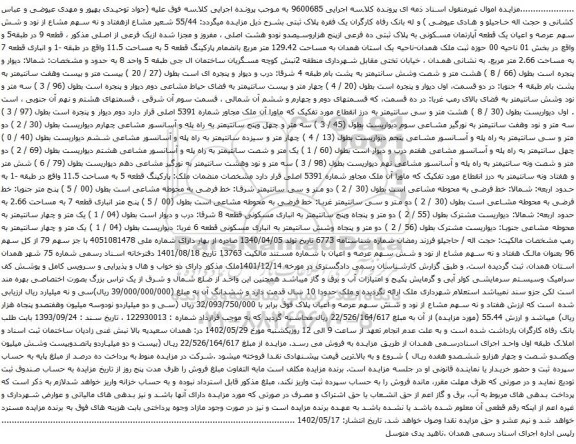 مزایده عرصه و اعیان یک قطعه آپارتمان مسکونی 