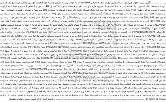 مزایده یک قطعه زمین تحت پلاک ثبتی یک هزارو چهارصد و بیست فرعی از هفت اصلی 