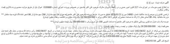 مزایده فروش میزان 14 سهم مشاع از 206 سهم مشاع از 96 شعیر ششدانگ 